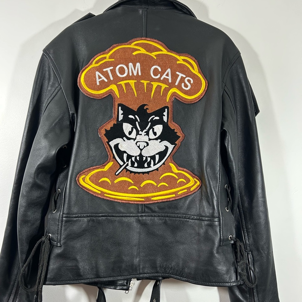 Black Leather Kids Jacket with Atom Cats Design